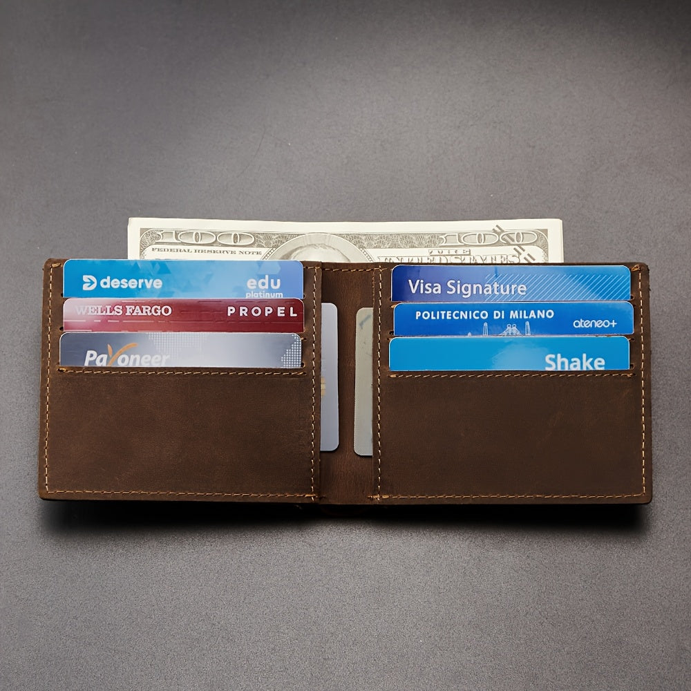 Carteira Masculina 100% Couro Legítimo, -Roubo com Bloqueio RFID, Couro Vintage Crazy Horse de Alta Qualidade, Carteira Ultra Fina com Múltiplos Espaços para Cartões, Presente de Aniversário para Namorado