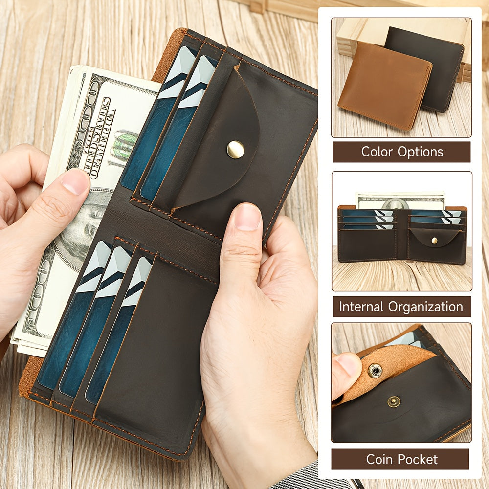 Carteira Masculina em Pele Genuína, Porta-Cartões Curto em Pele Crazy Horse, Design Elegante e Casual