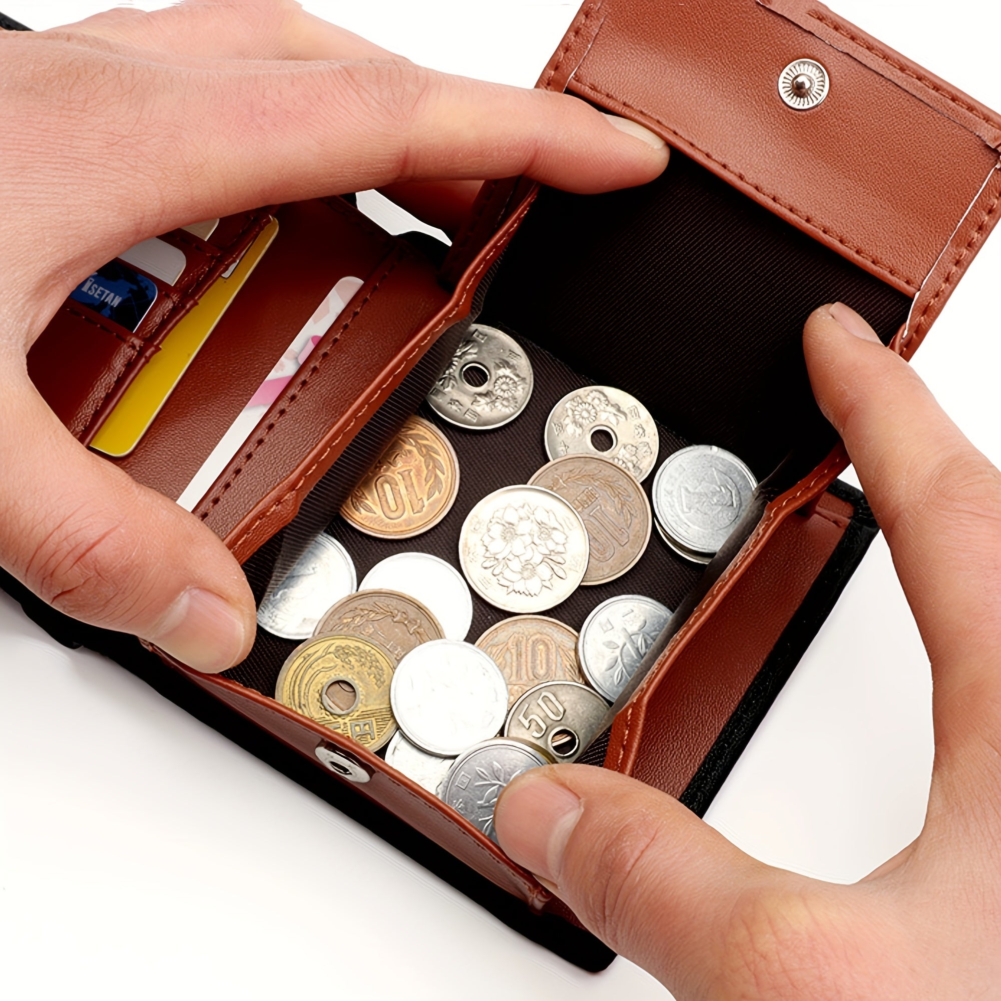 Nova Carteira Masculina de Couro Legítimo Dobrável, Carteira Curta Dupla em Couro Bovino com Porta-Moedas BOX