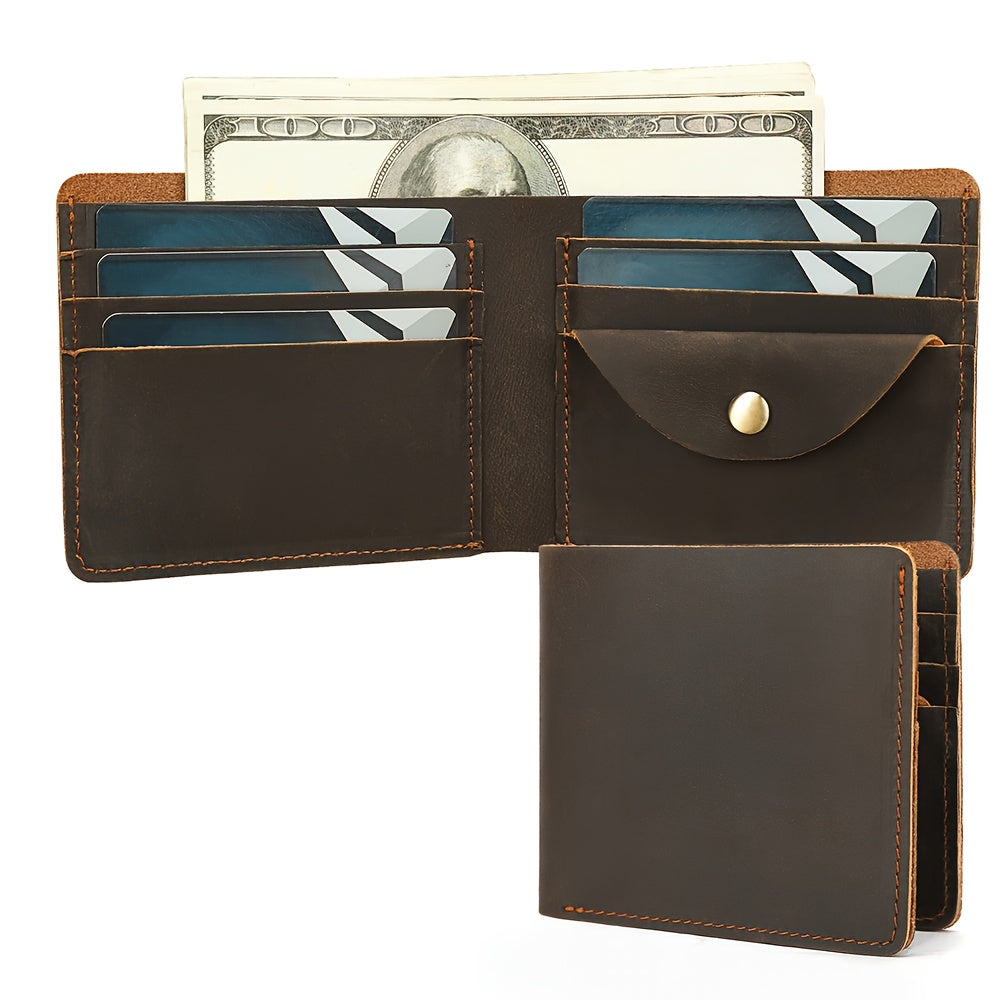 Carteira Masculina em Pele Genuína, Porta-Cartões Curto em Pele Crazy Horse, Design Elegante e Casual