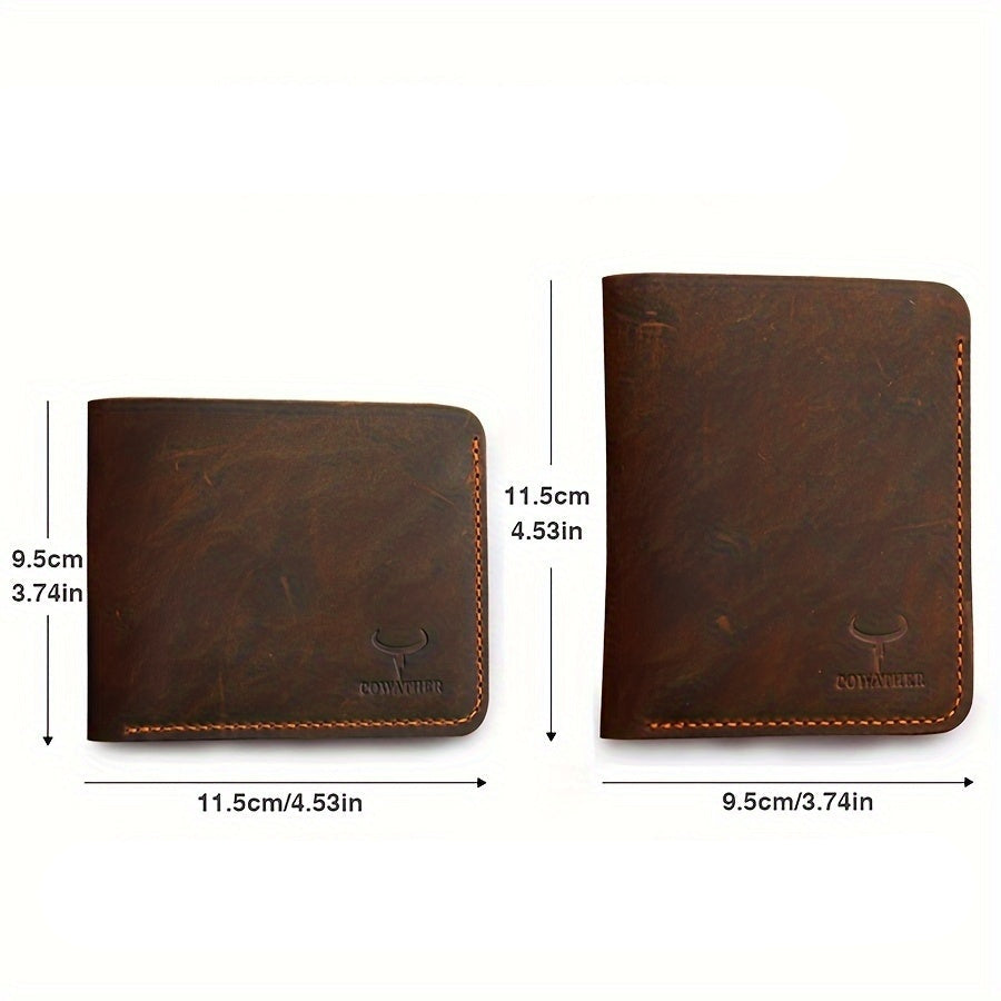 Carteira Masculina Vintage de Couro Crazy Horse da COWATHER - Marrom Café Elegante, Sem Forro, Design Curto e Fashion