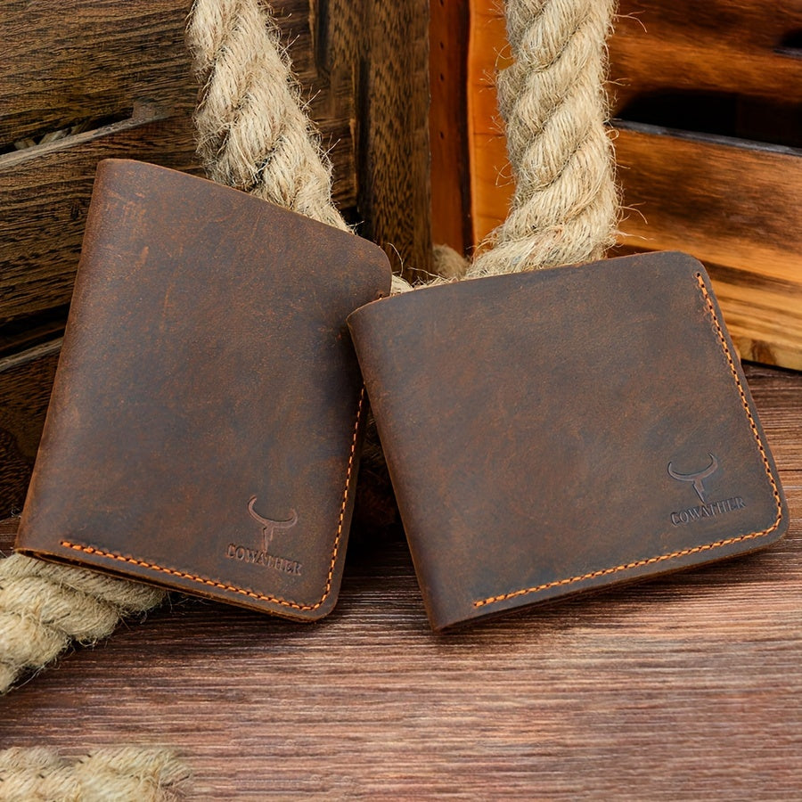 Carteira Masculina Vintage de Couro Crazy Horse da COWATHER - Marrom Café Elegante, Sem Forro, Design Curto e Fashion