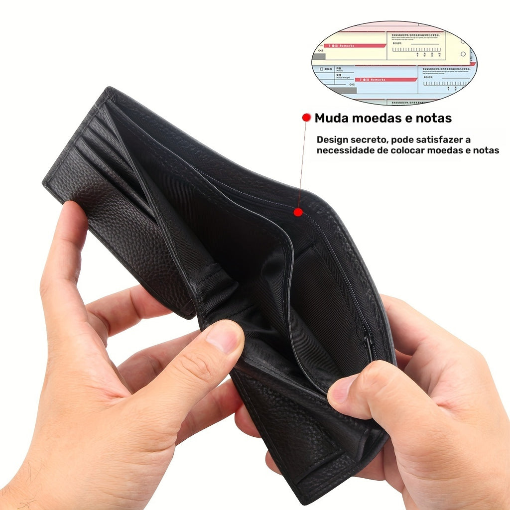 Carteira masculina + escova antifurto e -riscos + couro legítimo + preto + porta-moedas de grande capacidade + estilo business casual + carteira presente + bolsa de moedas em couro legítimo para homens/presente de Natal, Dia dos Namorados para homens/pais