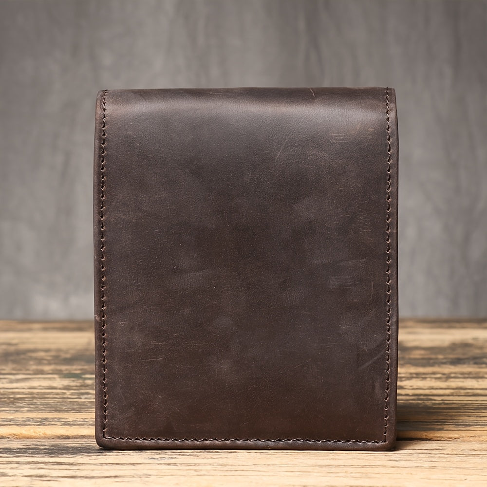 Nova Carteira Curta de Couro Bovino de Flor do Couro Nobre, Pode Ser Usada como Porta-Moedas com RFID, Porta-Cartões Masculino de Couro Crazy Horse com Vários Compartimentos para Cartões