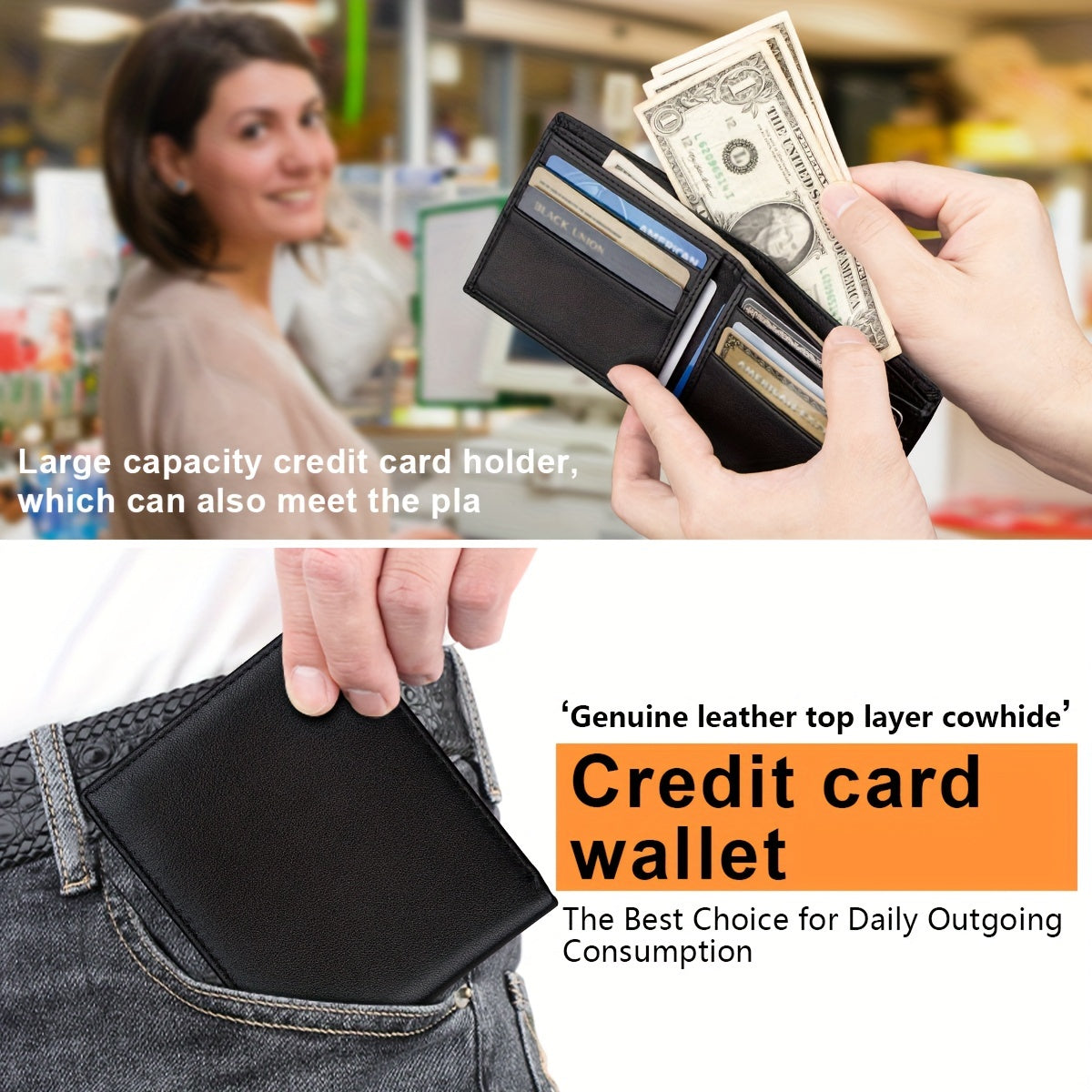 1 Carteira Minimalista Masculina Feita de Pele de Vaca de Camada Superior, Porta-Cartões Preto com Múltiplos Compartimentos para Cartões de Crédito, um Presente Perfeito para o Dia dos Namorados para