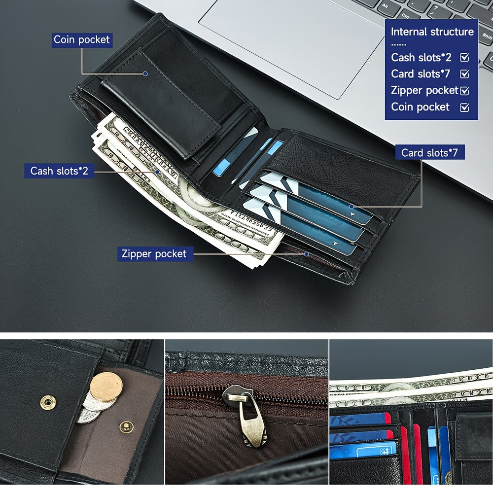 Carteira de Couro Genuíno com Relevo, Carteira Curta de Couro Bovino com Dobradura Dupla e Estampas Florais, 7 Compartimentos, 2 Compartimentos para Dinheiro, 1 Compartimento para Moedas, Recomendação de Presente de Aniversário