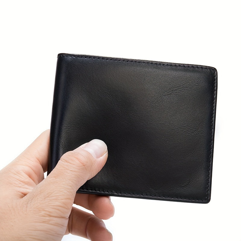 Carteira Simples de Couro Legítimo, Carteira Masculina de Dois Dissos com Porta-Cartões Múltiplos e Proteção RFID