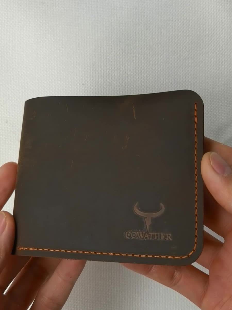 Carteira Masculina Vintage de Couro Crazy Horse da COWATHER - Marrom Café Elegante, Sem Forro, Design Curto e Fashion