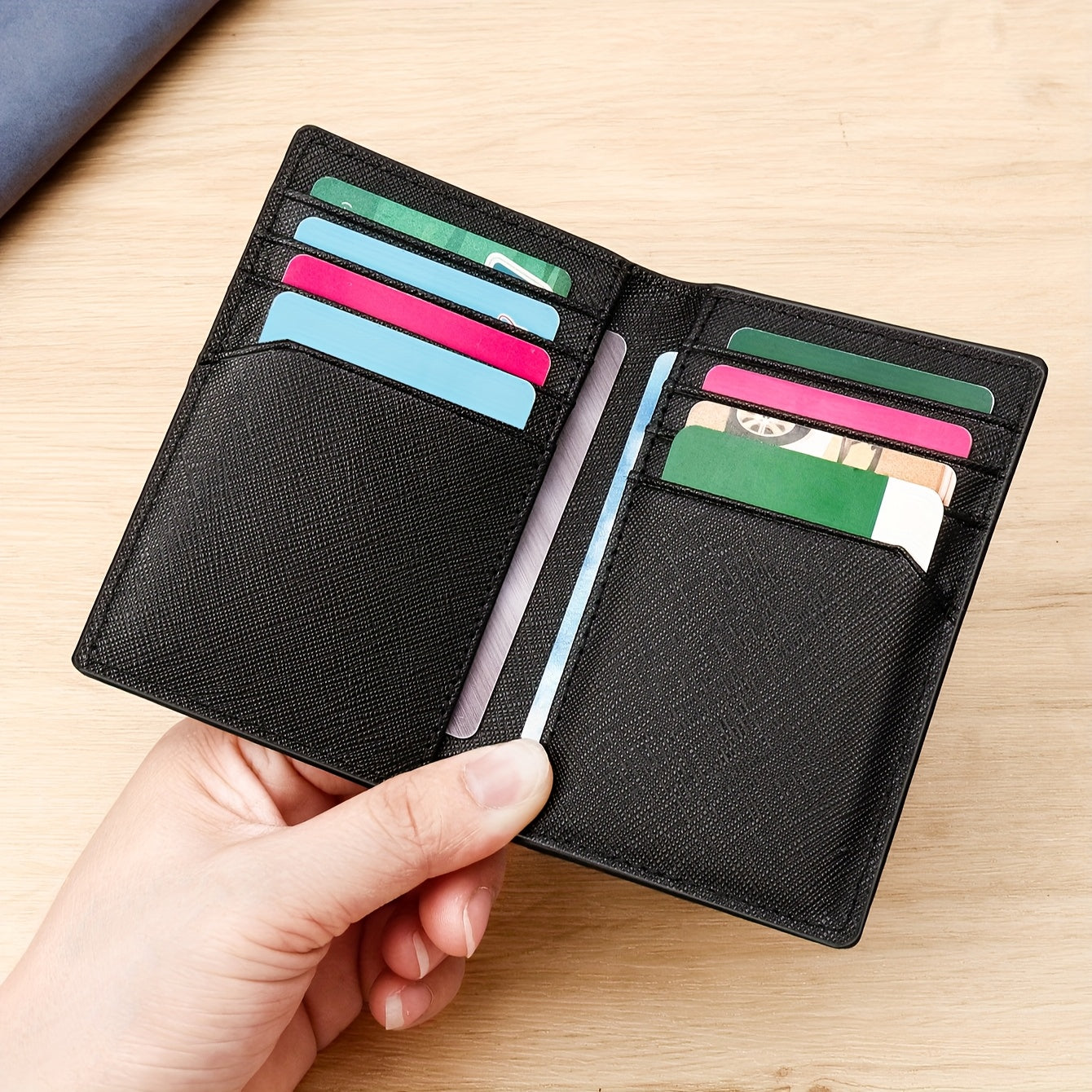 Porta-cartões de crédito masculino de couro legítimo dobrável, com bloqueio RFID e proteção antifurto contra skimming, porta-cartões de visita de couro legítimo, estojo para cartões de visita, clipe para cartão, porta-cartão bancário