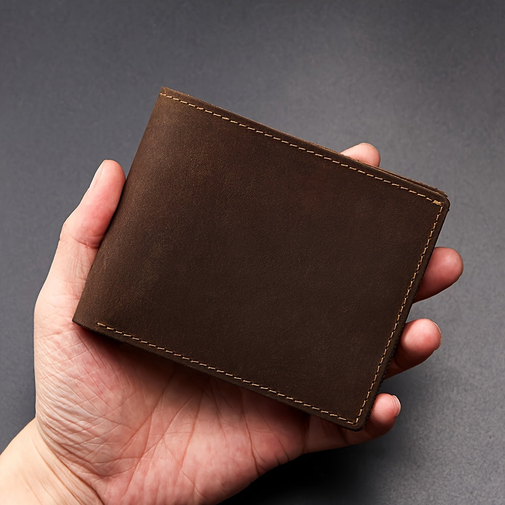 Carteira Masculina 100% Couro Bovino de Flor do Couro, Couro Crazy Horse Vintage, Carteira de Couro Legítimo com Bloqueio RFID Antifurto, Carteira Feita à Mão. Presente para Namorado