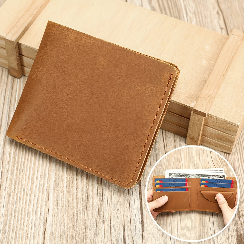 Carteira Masculina em Pele Genuína, Porta-Cartões Curto em Pele Crazy Horse, Design Elegante e Casual