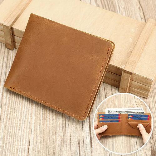 Carteira Masculina em Pele Genuína, Porta-Cartões Curto em Pele Crazy Horse, Design Elegante e Casual