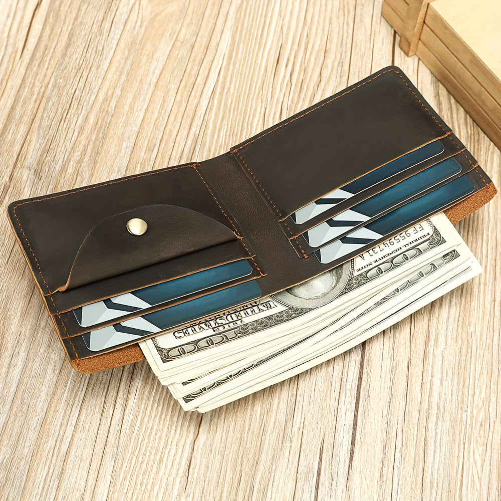 Carteira Masculina em Pele Genuína, Porta-Cartões Curto em Pele Crazy Horse, Design Elegante e Casual