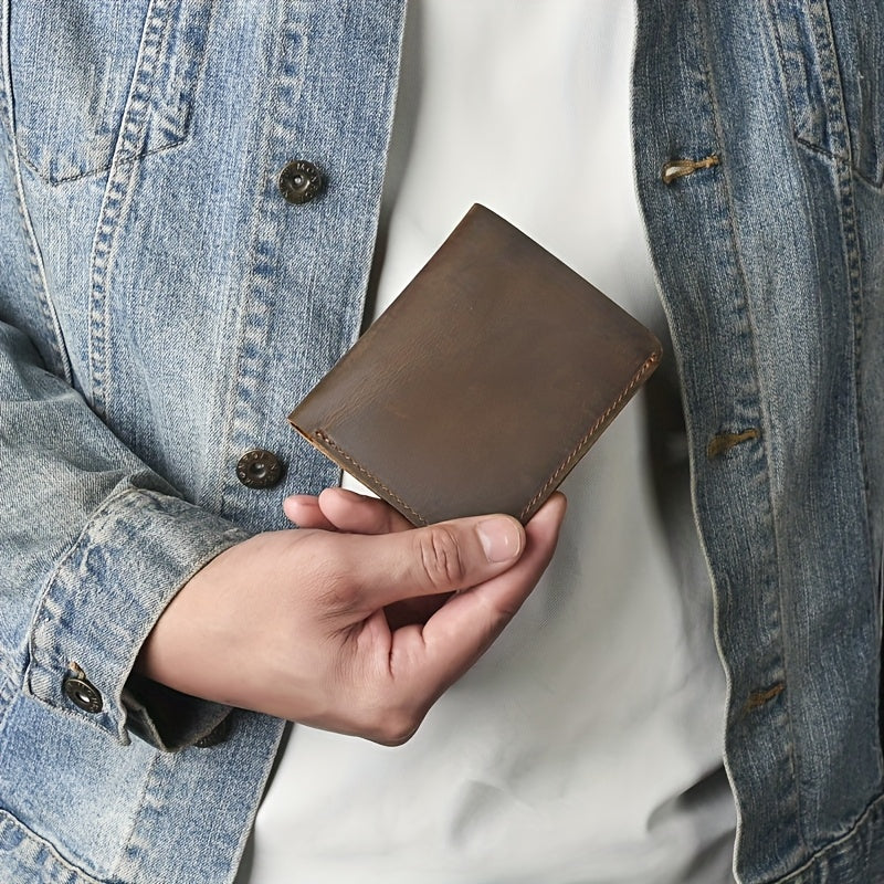 Carteira Masculina Curta em Couro Legítimo Crazy Horse - Estilo Simples e Casual para Cartões e Documentos