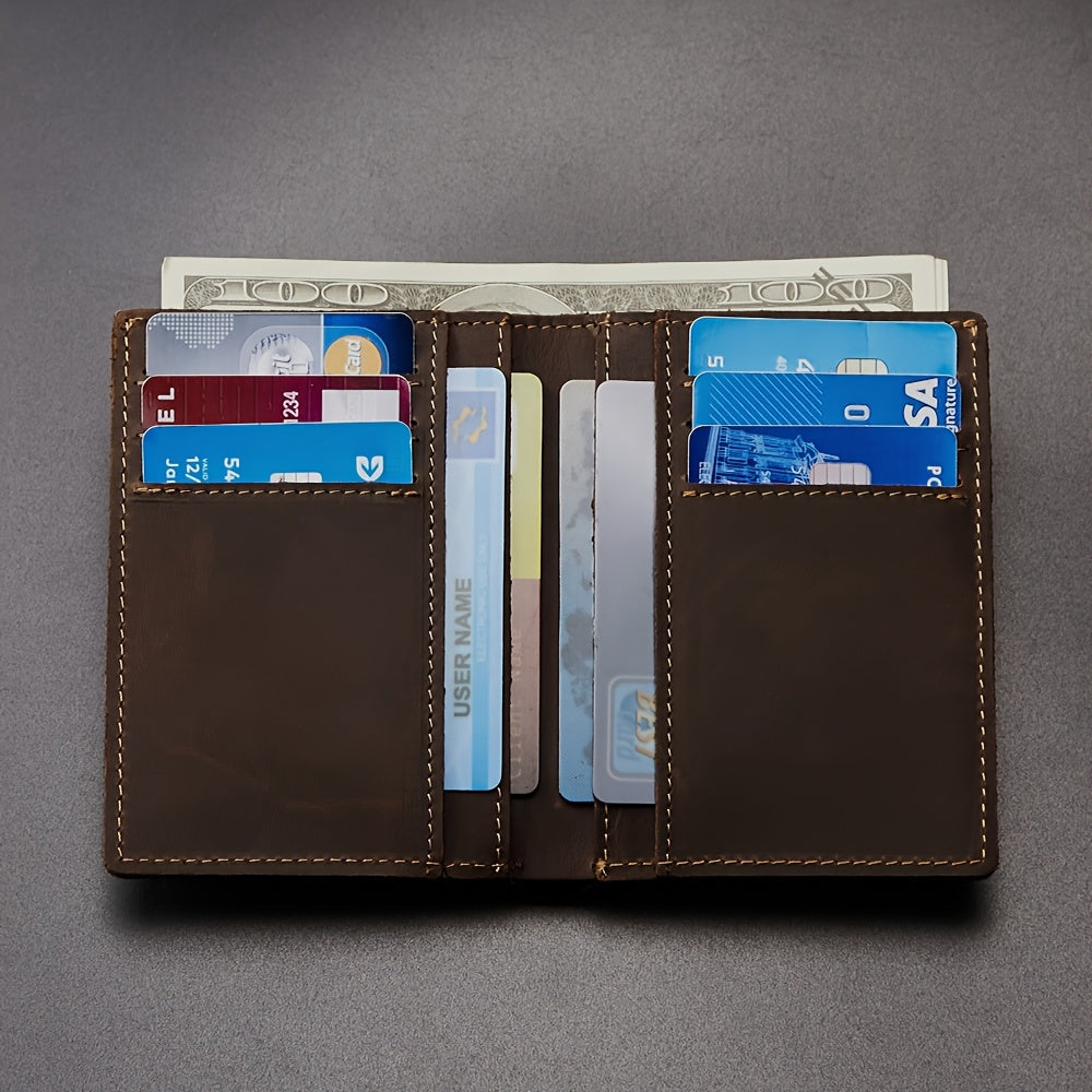 Carteira Masculina 100% Couro Legítimo, -Roubo com Bloqueio RFID, Couro Vintage Crazy Horse de Alta Qualidade, Carteira Ultra Fina com Múltiplos Espaços para Cartões, Presente de Aniversário para Namorado