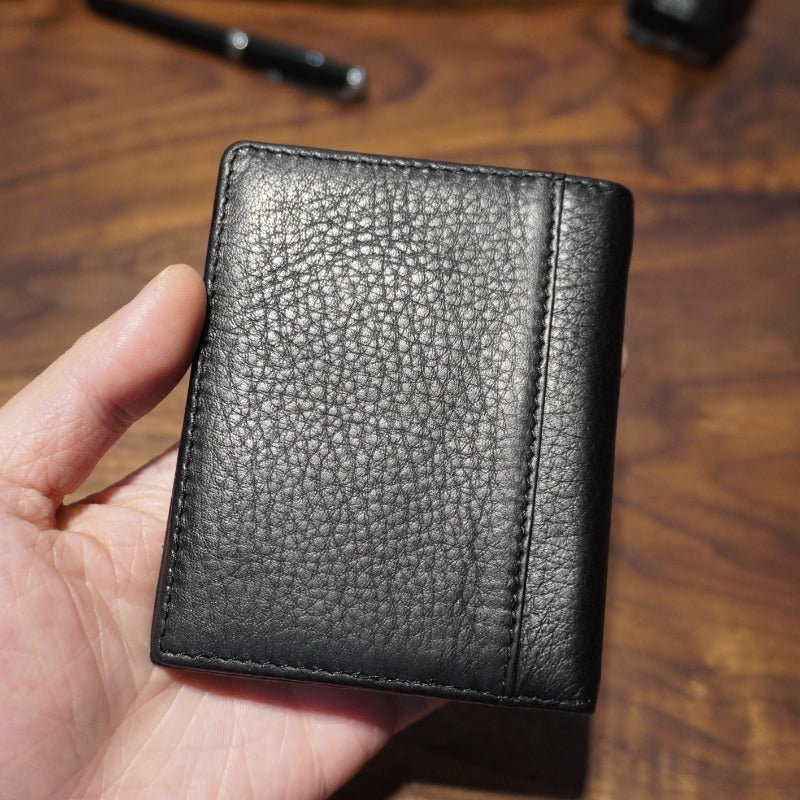 Carteira Compacta de Couro com Dobragem Dupla, Estilo Minimalista e Design Ultra-Fino para Cartões