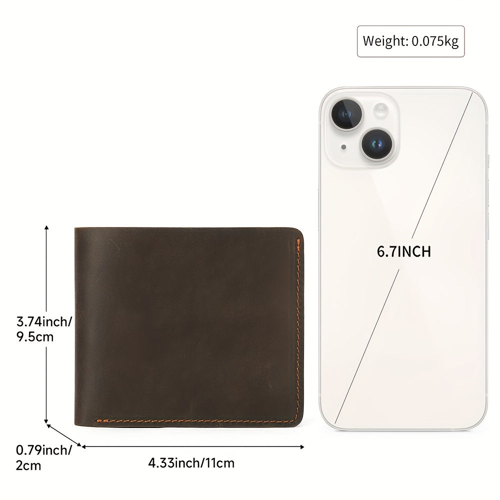 Carteira Masculina em Pele Genuína, Porta-Cartões Curto em Pele Crazy Horse, Design Elegante e Casual