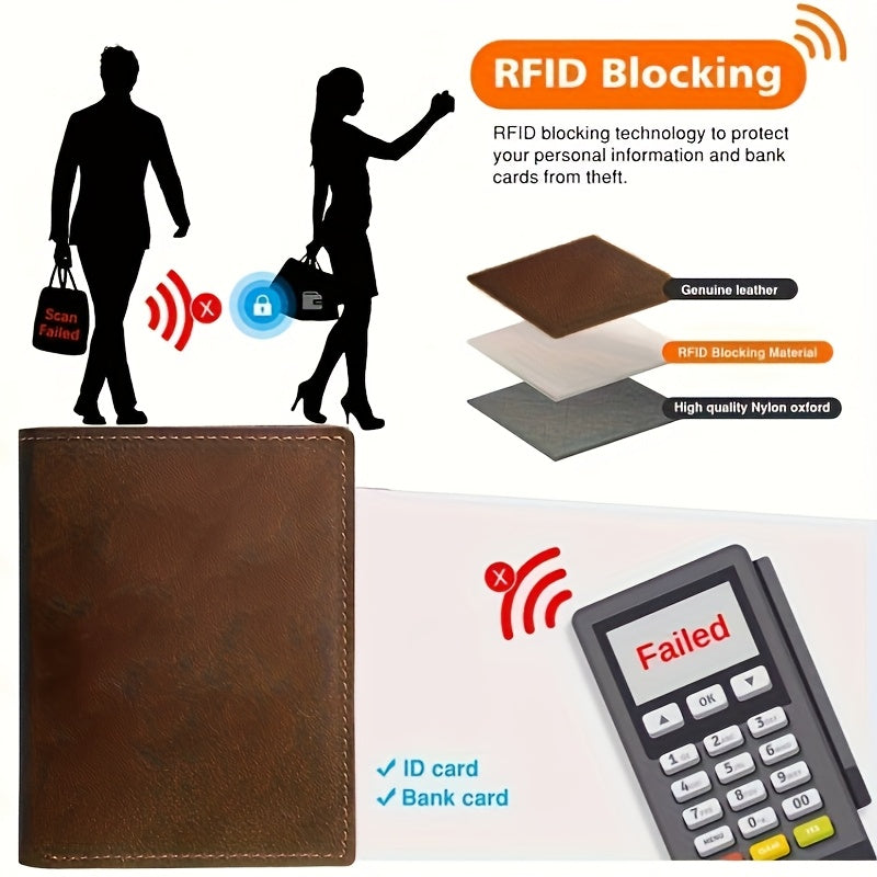 Carteira Masculina 100% Couro Legítimo, -Roubo com Bloqueio RFID, Couro Vintage Crazy Horse de Alta Qualidade, Carteira Ultra Fina com Múltiplos Espaços para Cartões, Presente de Aniversário para Namorado