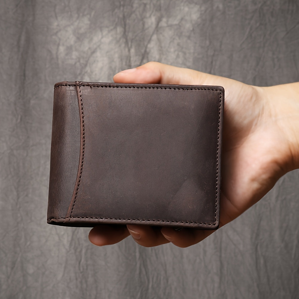 Nova Carteira Curta de Couro Bovino de Flor do Couro Nobre, Pode Ser Usada como Porta-Moedas com RFID, Porta-Cartões Masculino de Couro Crazy Horse com Vários Compartimentos para Cartões