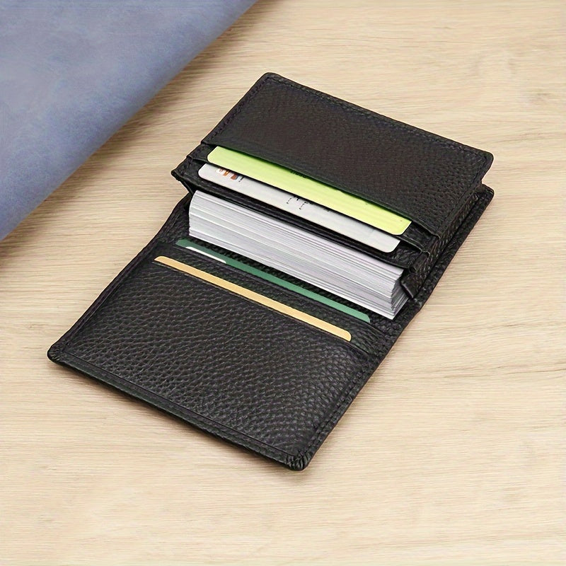 Porta-Cartões Clássico Durável de Negócios e Moda, Clutch Multicamadas com Textura de Lichia em Couro Legítimo de Vaca, Carteira de Dobre Grande Capacidade para Cartão de Crédito, Identidade e Cartão de Visita para Mulheres e Homens