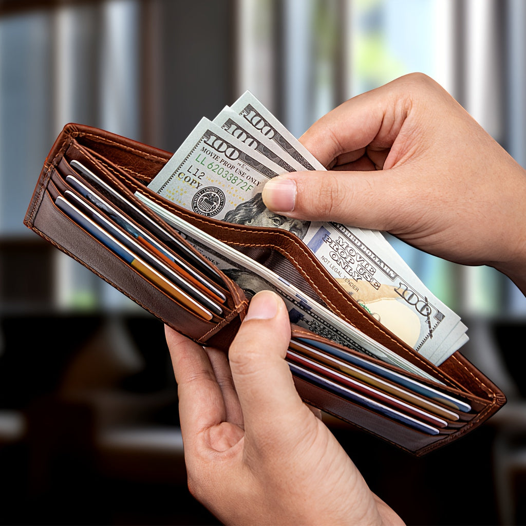 Carteira Premium de Couro Bovino Integral de Flor Completa com Proteção RFID, Carteira de 2 Dobras em Couro de Camada Superior Estilo Vintage com Vários Compartimentos para Cartões