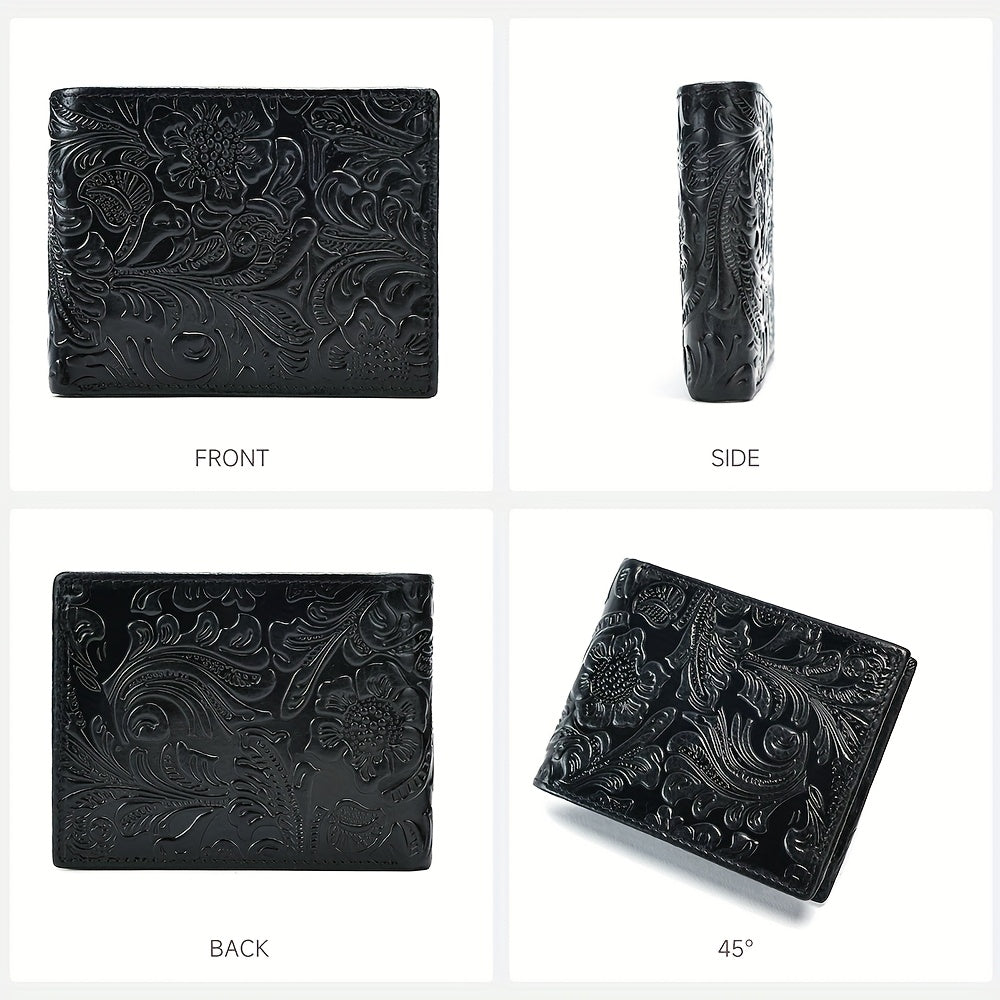 Carteira de Couro Genuíno com Relevo, Carteira Curta de Couro Bovino com Dobradura Dupla e Estampas Florais, 7 Compartimentos, 2 Compartimentos para Dinheiro, 1 Compartimento para Moedas, Recomendação de Presente de Aniversário