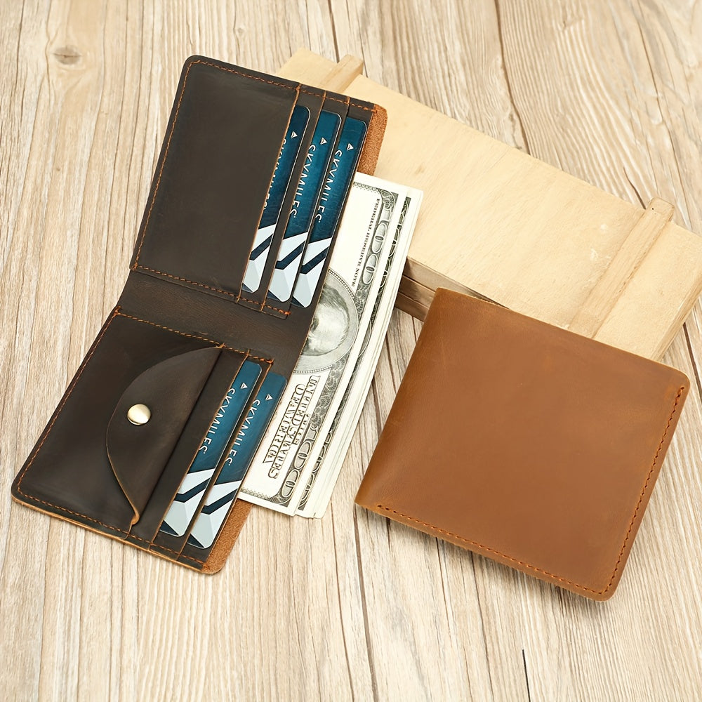 Carteira Masculina em Pele Genuína, Porta-Cartões Curto em Pele Crazy Horse, Design Elegante e Casual