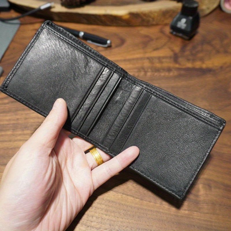 Carteira de couro genuíno estilo vintage, porta de armazenamento de várias cartas, design compacto dobrável duplo, mini carteira portátil para uso empresarial e pessoal, carteira pequena