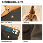 Carteira Masculina em Pele Genuína, Porta-Cartões Curto em Pele Crazy Horse, Design Elegante e Casual