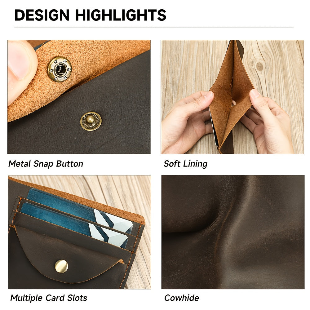 Carteira Masculina em Pele Genuína, Porta-Cartões Curto em Pele Crazy Horse, Design Elegante e Casual