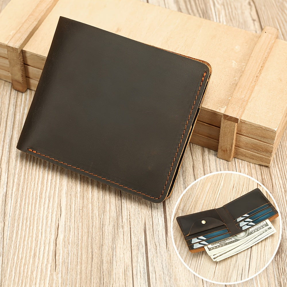 Carteira Masculina em Pele Genuína, Porta-Cartões Curto em Pele Crazy Horse, Design Elegante e Casual