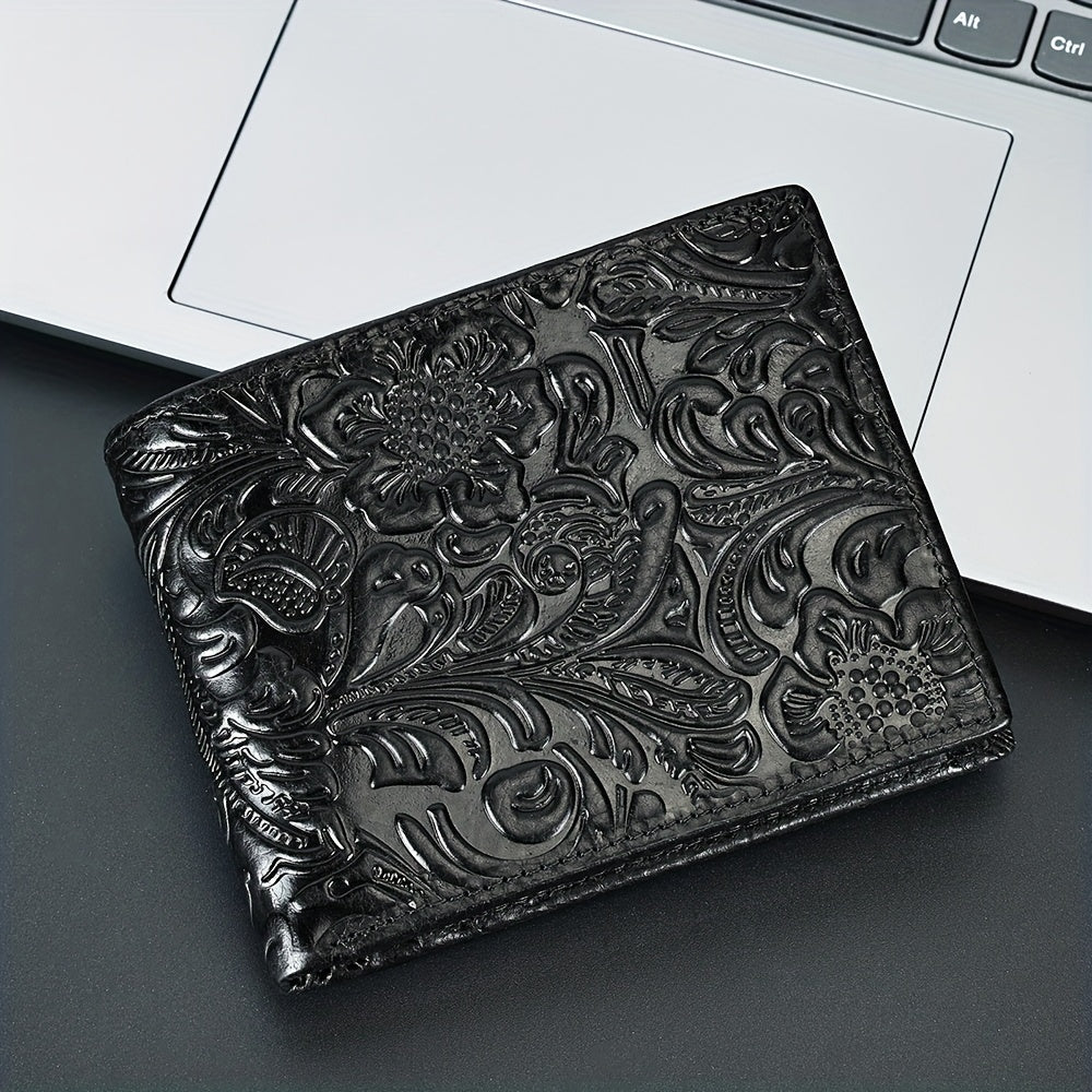 Carteira de Couro Genuíno com Relevo, Carteira Curta de Couro Bovino com Dobradura Dupla e Estampas Florais, 7 Compartimentos, 2 Compartimentos para Dinheiro, 1 Compartimento para Moedas, Recomendação de Presente de Aniversário