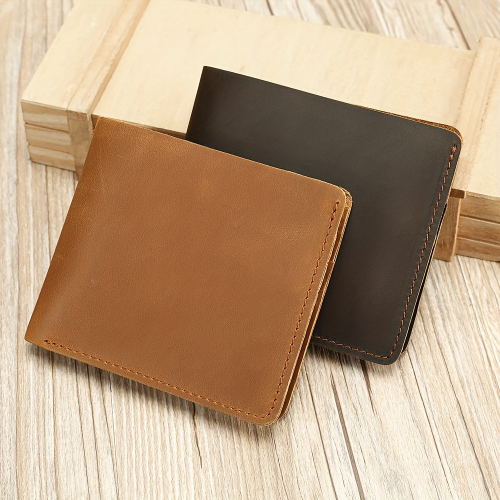 Carteira Masculina em Pele Genuína, Porta-Cartões Curto em Pele Crazy Horse, Design Elegante e Casual
