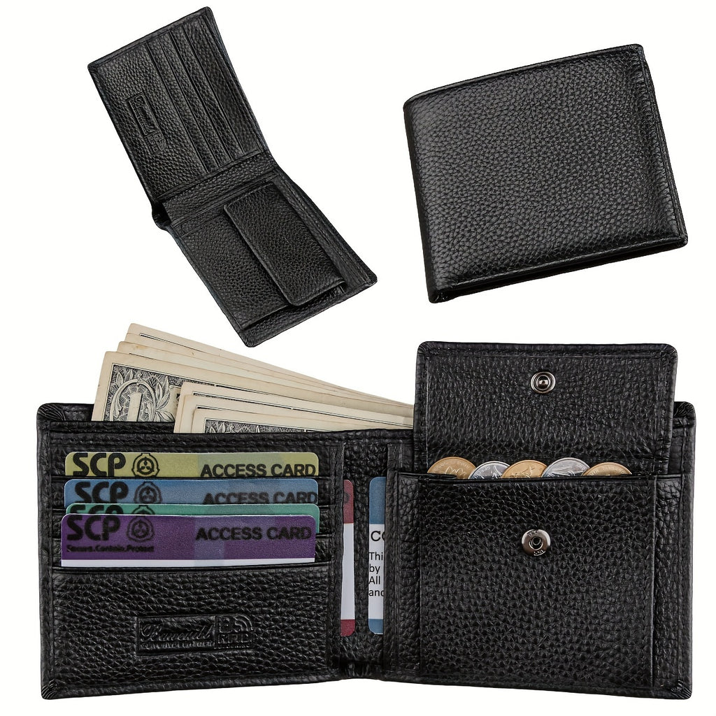 Carteira masculina + escova antifurto e -riscos + couro legítimo + preto + porta-moedas de grande capacidade + estilo business casual + carteira presente + bolsa de moedas em couro legítimo para homens/presente de Natal, Dia dos Namorados para homens/pais