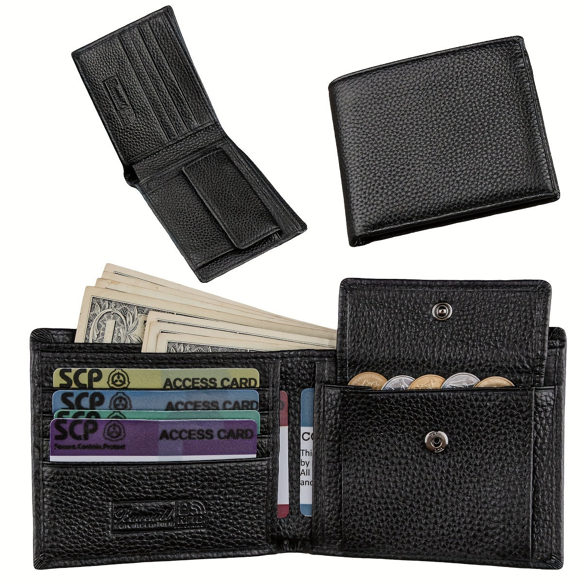 Carteira masculina + escova antifurto e -riscos + couro legítimo + preto + porta-moedas de grande capacidade + estilo business casual + carteira presente + bolsa de moedas em couro legítimo para homens/presente de Natal, Dia dos Namorados para homens/pais