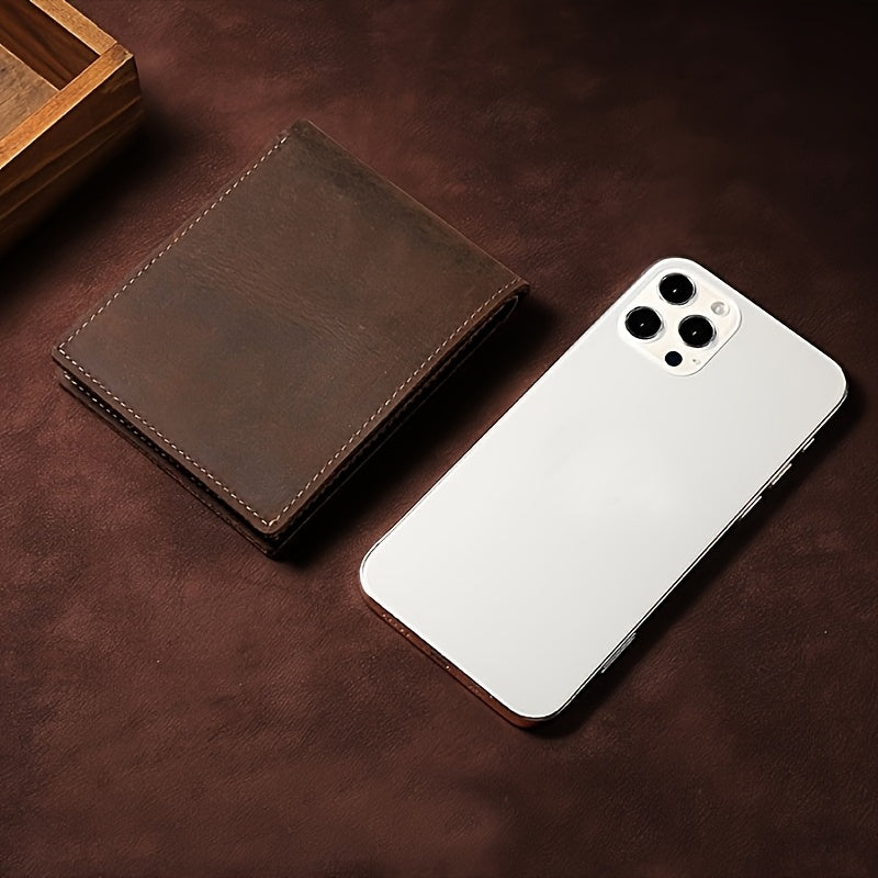 Carteira Masculina 100% Couro Legítimo, -Roubo com Bloqueio RFID, Couro Vintage Crazy Horse de Alta Qualidade, Carteira Ultra Fina com Múltiplos Espaços para Cartões, Presente de Aniversário para Namorado