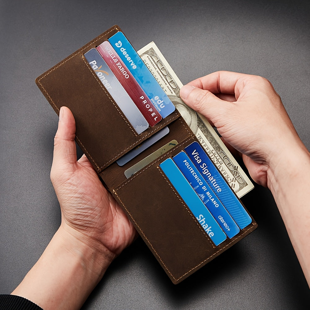 Carteira Masculina 100% Couro Bovino de Flor do Couro, Couro Crazy Horse Vintage, Carteira de Couro Legítimo com Bloqueio RFID Antifurto, Carteira Feita à Mão. Presente para Namorado