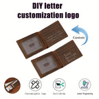 Carteira Masculina Vintage de Couro Genuíno de Luxo Leve com Gravação de Letras DIY, Logotipo, Interior de Nylon e Compartimentos Multifuncionais para Cartões