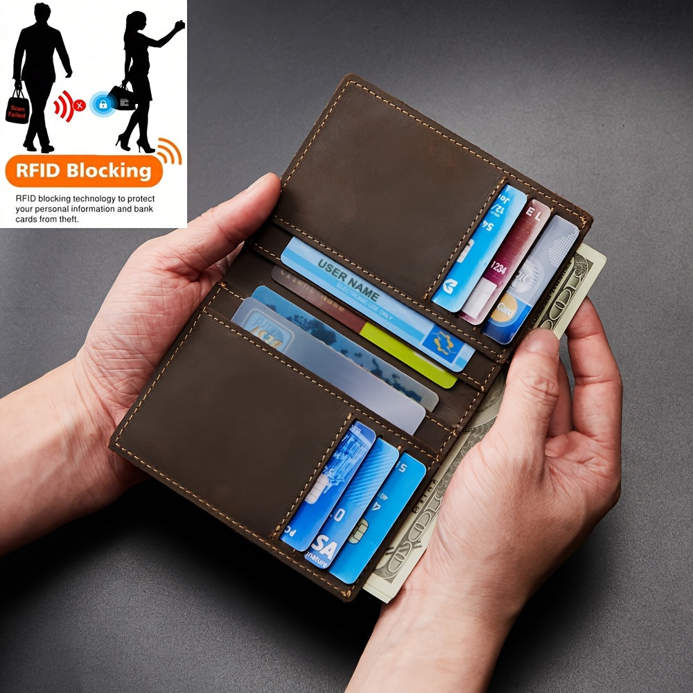 Carteira Masculina 100% Couro Legítimo, -Roubo com Bloqueio RFID, Couro Vintage Crazy Horse de Alta Qualidade, Carteira Ultra Fina com Múltiplos Espaços para Cartões, Presente de Aniversário para Namorado