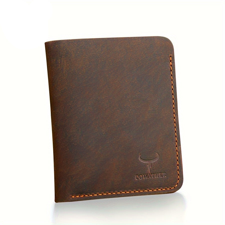 Carteira Masculina Vintage de Couro Crazy Horse da COWATHER - Marrom Café Elegante, Sem Forro, Design Curto e Fashion