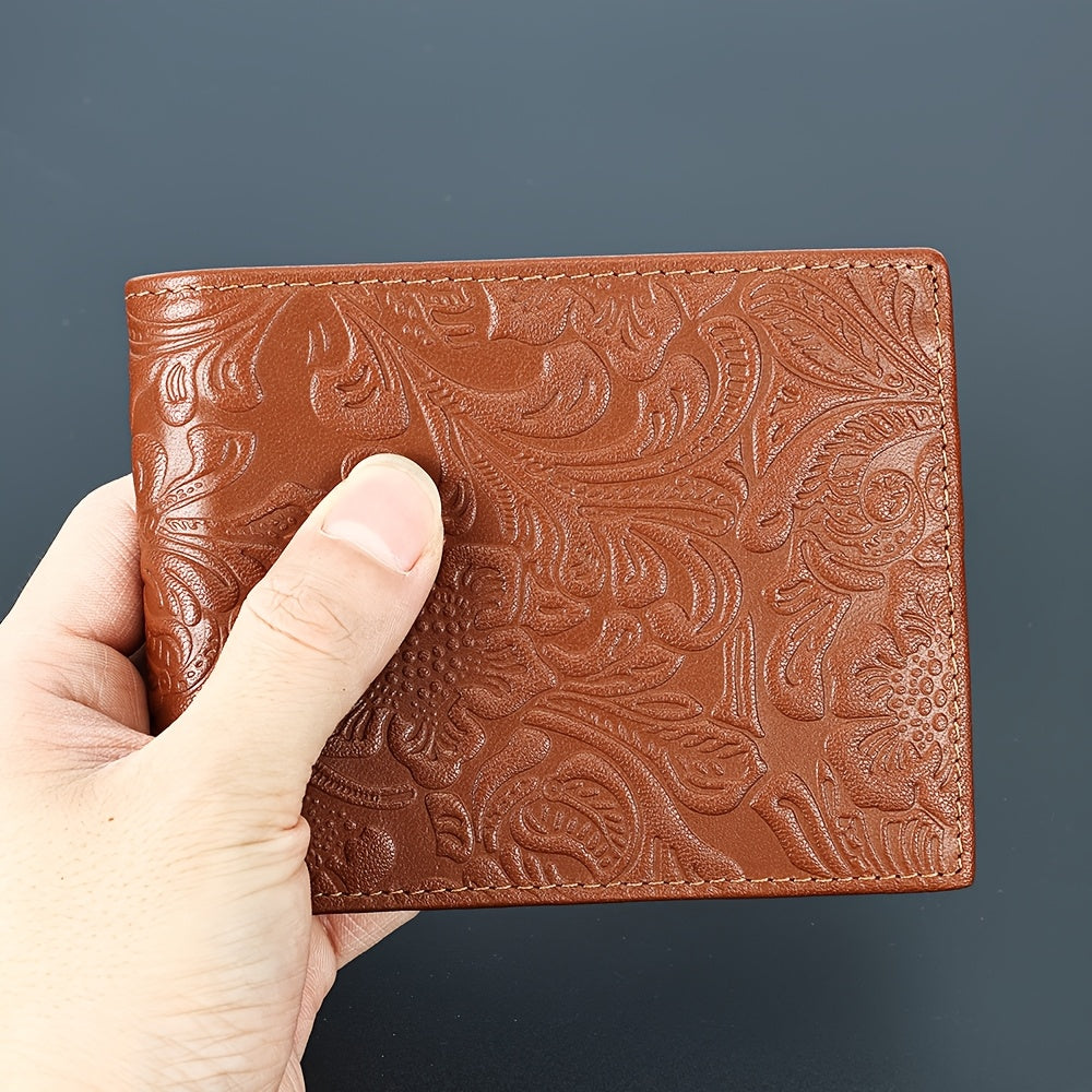 Carteira de Couro Genuíno com Relevo, Carteira Curta de Couro Bovino com Dobradura Dupla e Estampas Florais, 7 Compartimentos, 2 Compartimentos para Dinheiro, 1 Compartimento para Moedas, Recomendação de Presente de Aniversário