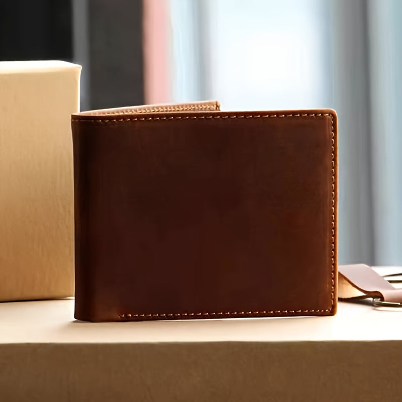 Carteira Masculina em Couro Crazy Horse Reparável, Carteira Masculina em Couro Crazy Horse de Alta Qualidade, Carteira de Negócios Horizontal Triplo Dobrável em Couro Genuíno, Carteira Casual Vintage em Couro