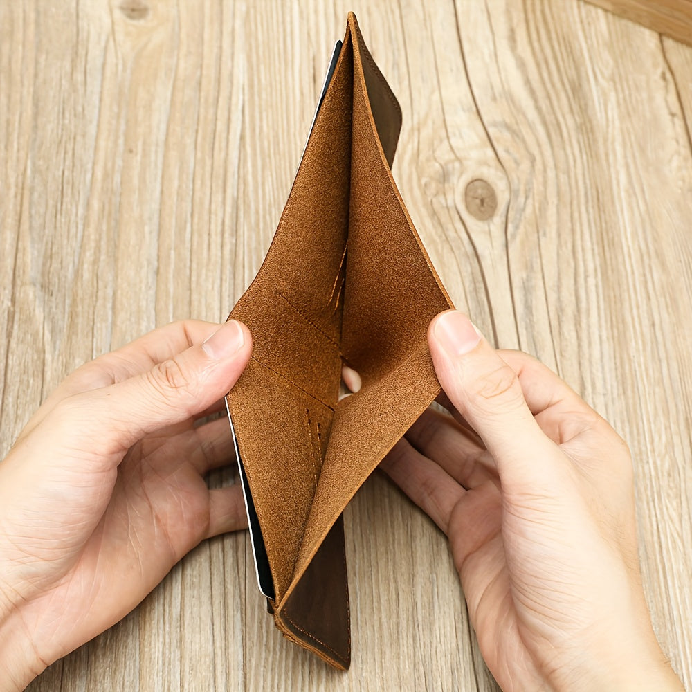 Carteira Masculina em Pele Genuína, Porta-Cartões Curto em Pele Crazy Horse, Design Elegante e Casual