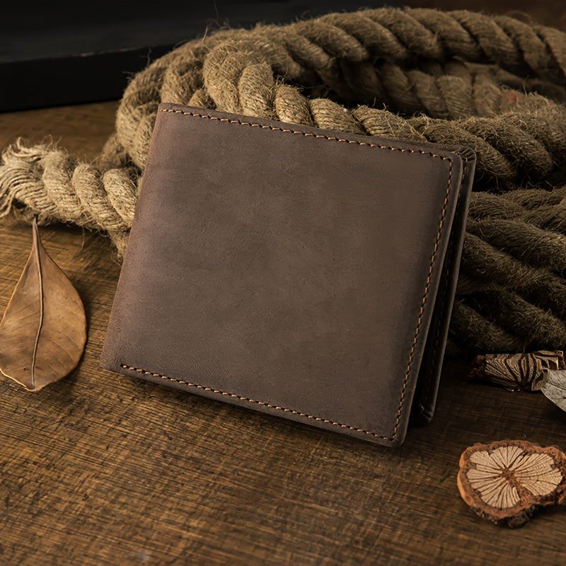 Carteira Masculina em Couro Crazy Horse Reparável, Carteira Masculina em Couro Crazy Horse de Alta Qualidade, Carteira de Negócios Horizontal Triplo Dobrável em Couro Genuíno, Carteira Casual Vintage em Couro