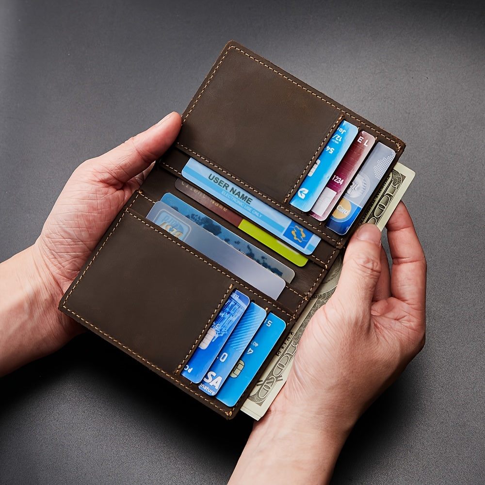 Carteira Masculina 100% Couro Bovino de Flor do Couro, Couro Crazy Horse Vintage, Carteira de Couro Legítimo com Bloqueio RFID Antifurto, Carteira Feita à Mão. Presente para Namorado