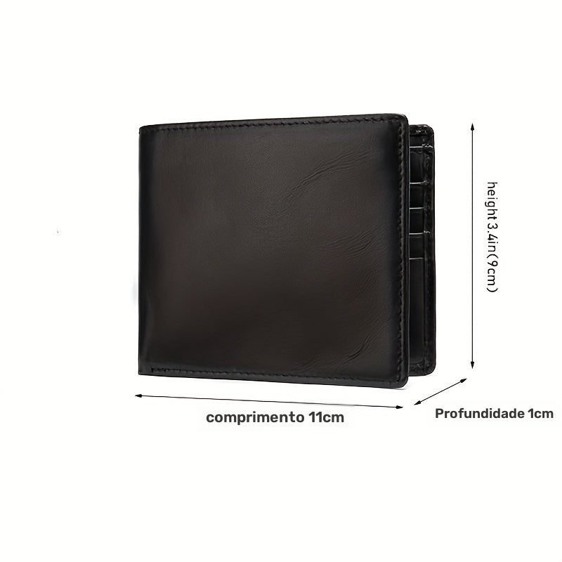 Carteira Simples de Couro Legítimo, Carteira Masculina de Dois Dissos com Porta-Cartões Múltiplos e Proteção RFID