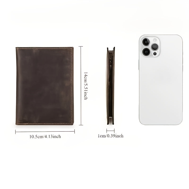 Este Carteira RFID Slim, de Inspiração Vintage, é Feita de Pele de Vaca de Alta Qualidade. Serve Três Fins, Acomodando a Sua Identificação, Cartões Bancários, Cartões de Crédito, Cartão de Condução e Matrícula do Veículo.