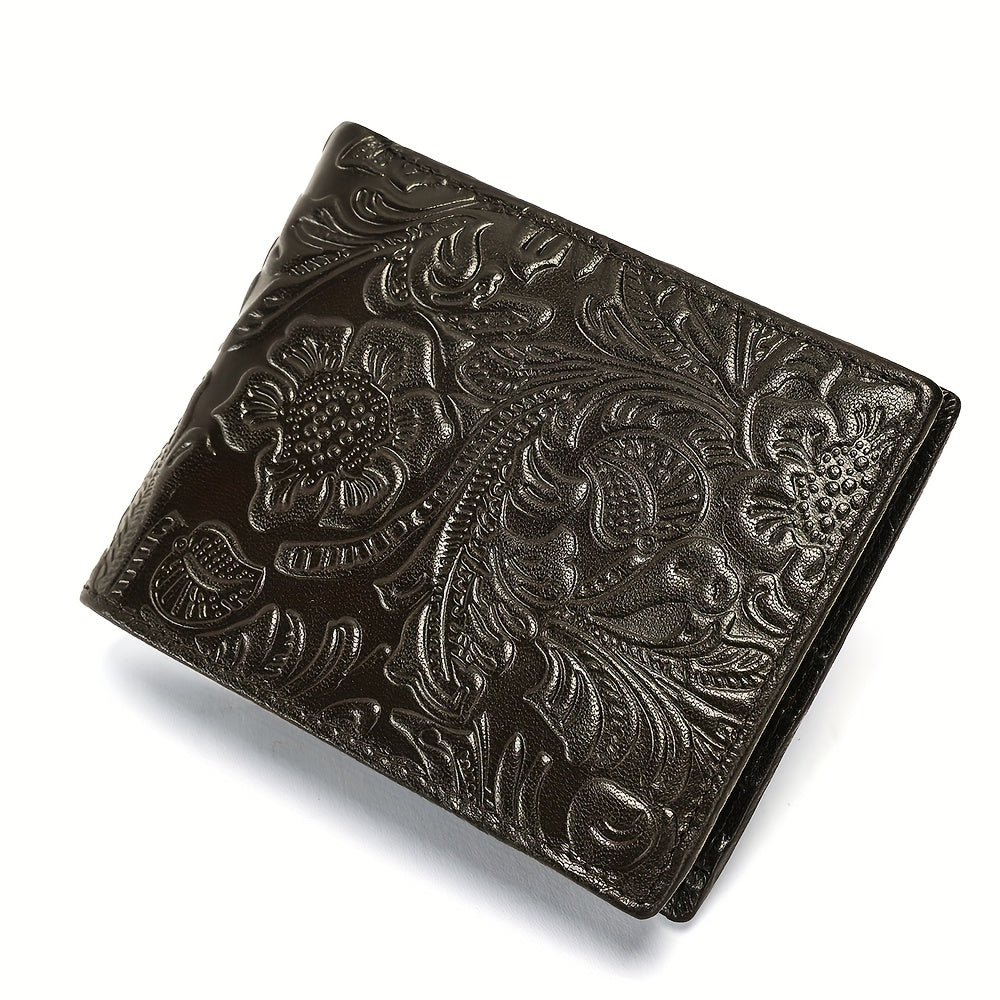 Carteira de Couro Genuíno com Relevo, Carteira Curta de Couro Bovino com Dobradura Dupla e Estampas Florais, 7 Compartimentos, 2 Compartimentos para Dinheiro, 1 Compartimento para Moedas, Recomendação de Presente de Aniversário