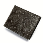 Carteira de Couro Genuíno com Relevo, Carteira Curta de Couro Bovino com Dobradura Dupla e Estampas Florais, 7 Compartimentos, 2 Compartimentos para Dinheiro, 1 Compartimento para Moedas, Recomendação de Presente de Aniversário