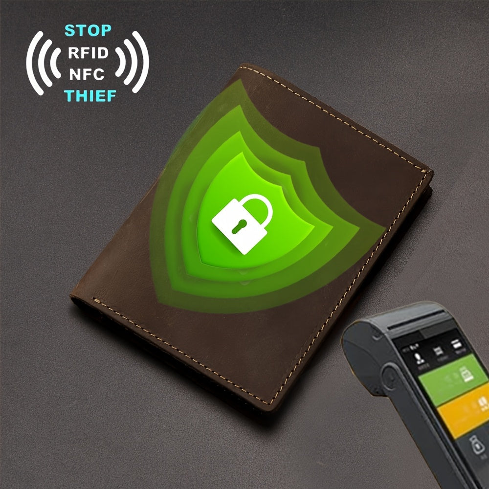 Carteira Masculina 100% Couro Legítimo, -Roubo com Bloqueio RFID, Couro Vintage Crazy Horse de Alta Qualidade, Carteira Ultra Fina com Múltiplos Espaços para Cartões, Presente de Aniversário para Namorado